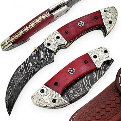 Damascus handmade folding knife beautiful structure with free leather sheath